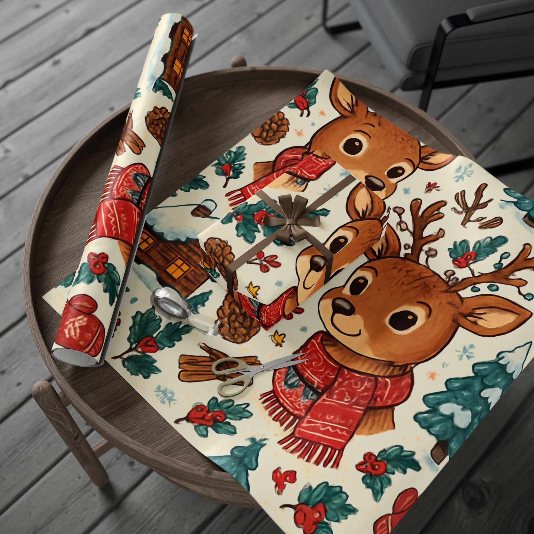 Reindeer & Holly Wrapping Paper Roll — Cute Christmas Gift Wrap